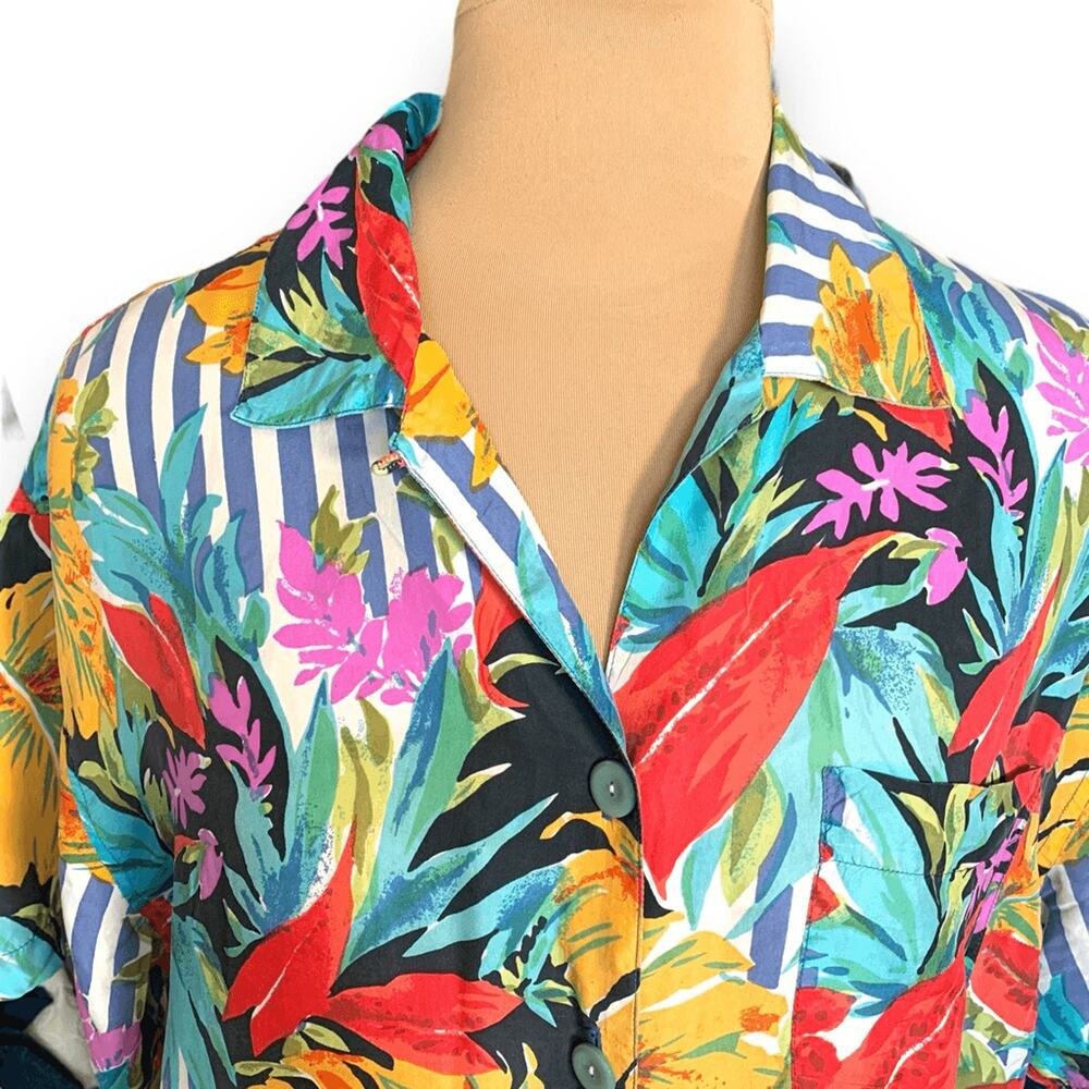 Vintage Tropical Hawaiian Floral Striped Button Front Silk Blouse 90s Eclectic‎